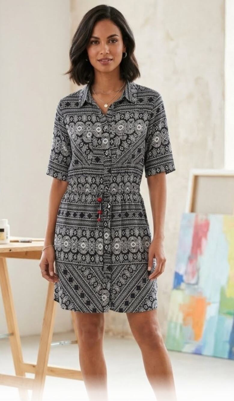 5843) Tulle Small Tribal  print Tie Waist.Button Front  Relax Skirt Mini Dress